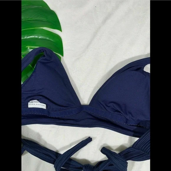 NEW $108 Robin Piccone Lily V-Neck Bikini‎ Top in Navy Blue [SZ Small ]